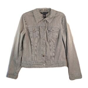 Baccini Women’s Medium Seersucker Jacket Navy Stripe Button Front Cotton Stretch